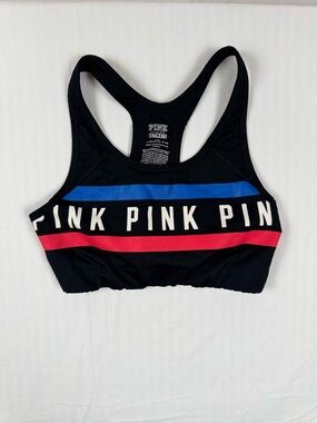 PINK Victoria's Secret Black Sports Bra with Blue and Pink Stripes